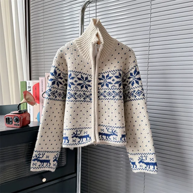 Comfortable Retro Heavy Industry Stand Collar Short Sweater Beige - Shop at LoveMi