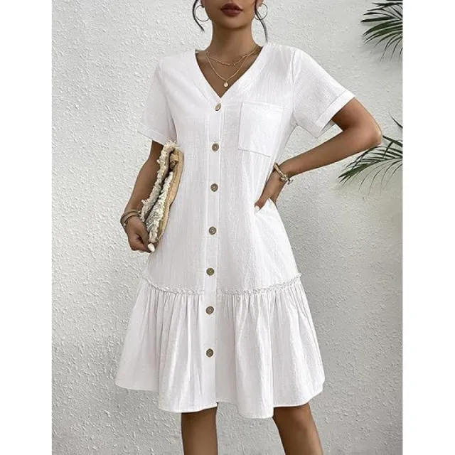 Women's Loose Summer Cotton And Linen Dress White - Shop at LoveMi