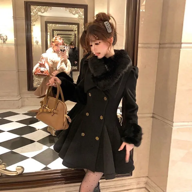 Women's Solid Color Loose Waist Cotton Wool Collar Woolen Coat Black - Shop at LoveMi