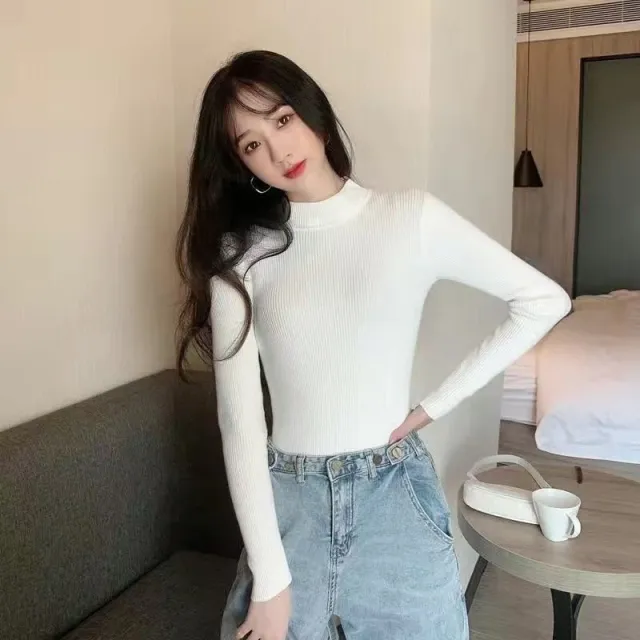 Autumn And Winter New Half Turtleneck Slim Fit Long Sleeve Inner Wear Knitwear For Women White - Shop at LoveMi