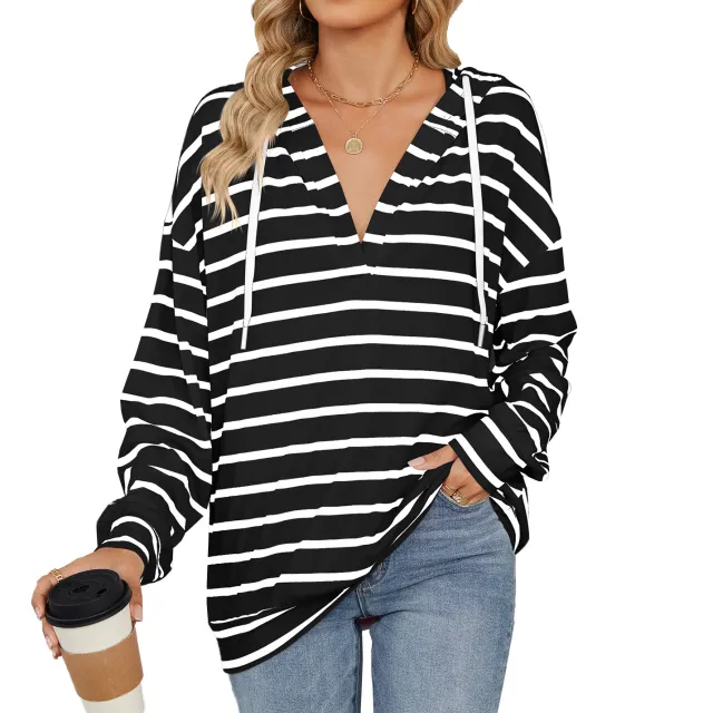 Hoodie With Drawstrings Striped Long Sleeve Sweatshirt Tops Black - Shop at LoveMi