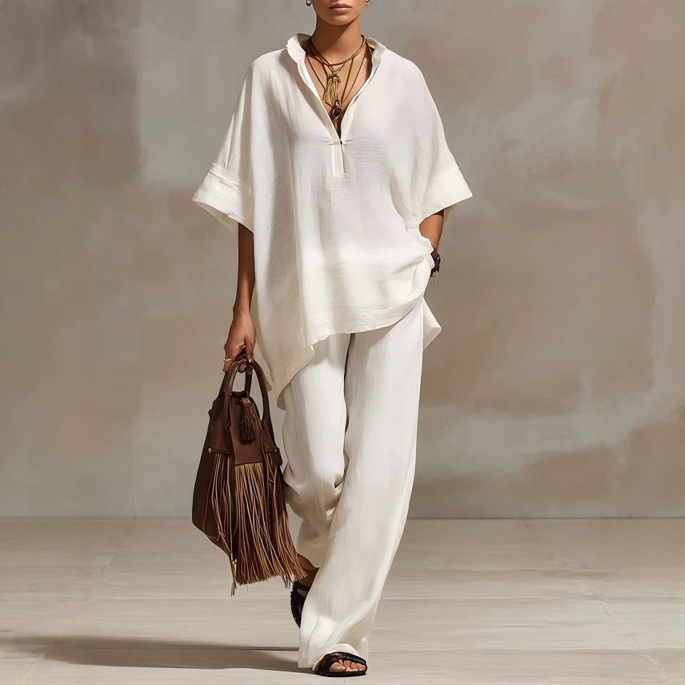 Womens Casual Loose-fitting Solid-color Shirt And Wide-leg Pants Set