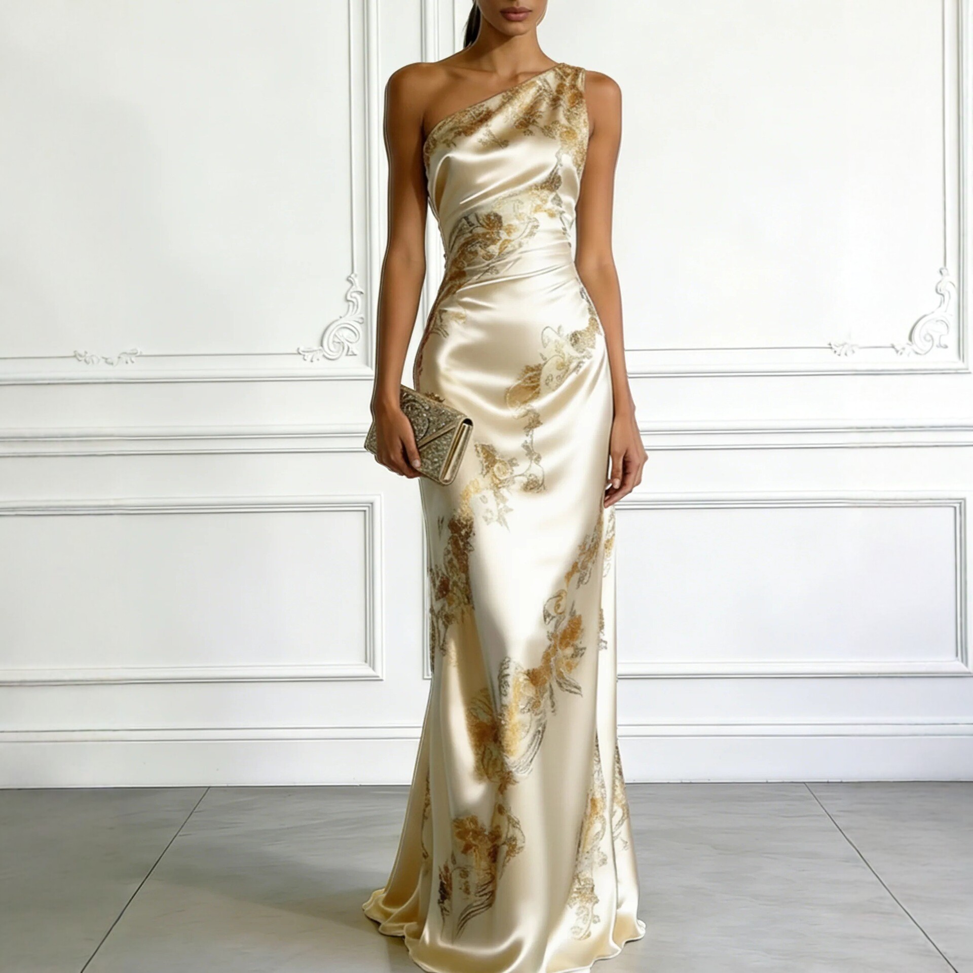 Golden Printed Off-Shoulder Slim-Fit Long Dress