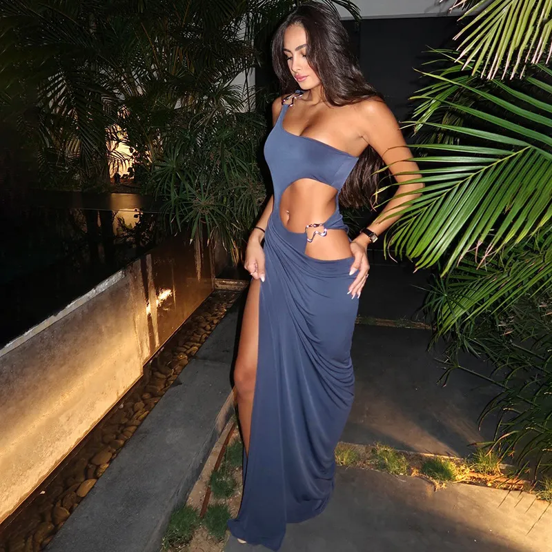 Autumn And Winter New Slim Fit Long Dress Pure Color Split Tube Top Package Hip Dress - Blue