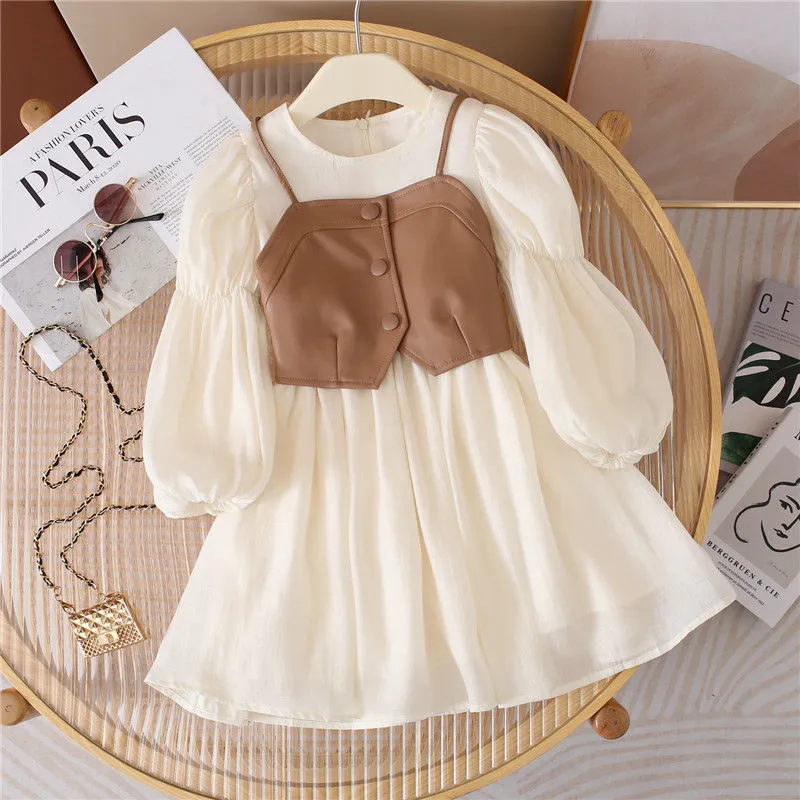 Girls' Dress Two-piece Vest Set Long Sleeve