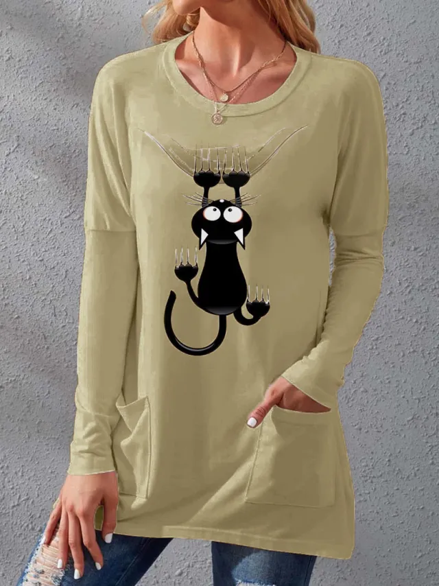 Women's Pocket Round Neck T shirt Printed Loose Long Sleeve Dress Khaki - Shop at LoveMi