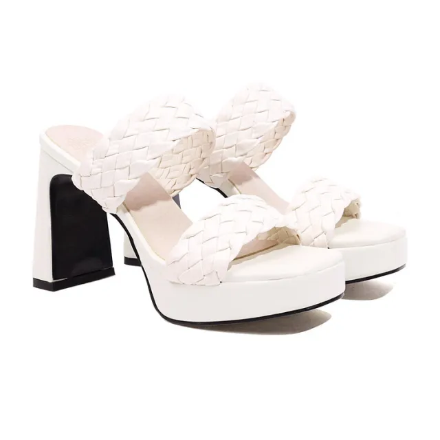 Round Toe Open Toe Side Empty Woven Foot Waterproof Platform Chunky Heel High Heel Sandals White - Shop at LoveMi