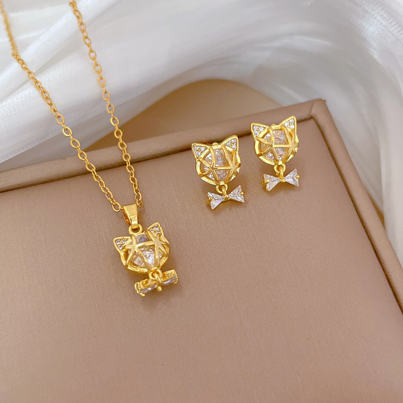 Necklace Light Luxury Full Diamond Bow Cat Personalized Earrings