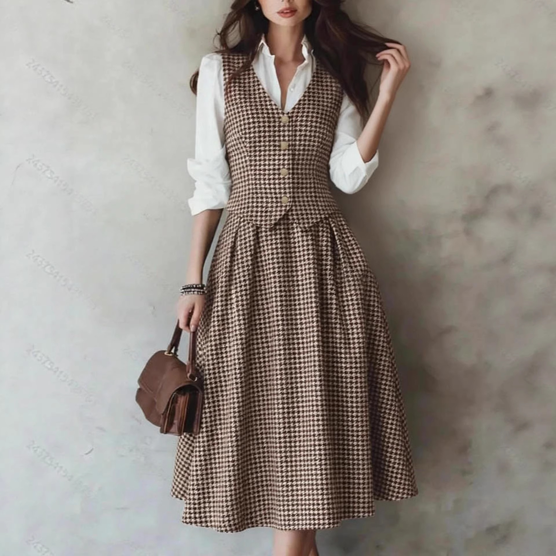 Vintage Plaid Vest Top And Flared Umbrella Skirt Set - Women's Slim Fit Two Piece Office Work Elegant Suit product image