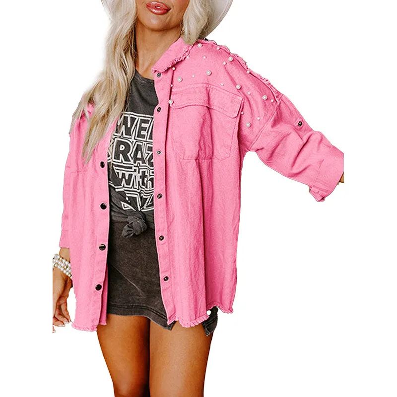 Beaded Denim Coat European And American Loose Lapels Jacket - Pink
