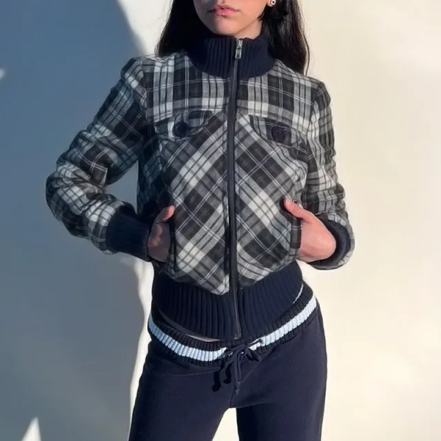 Autumn Winter Retro Plaid Turtleneck Coat Blue - Shop at LoveMi