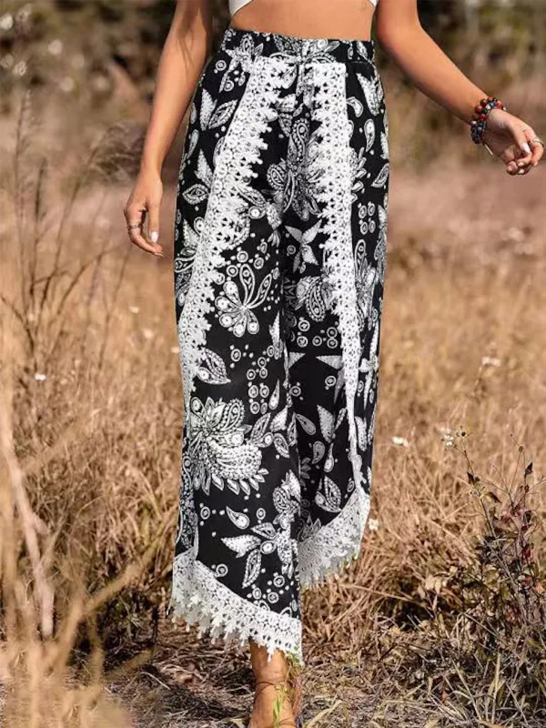 Loose Printed Fashionable Casual Lace Trousers For Women Black - Shop at LoveMi