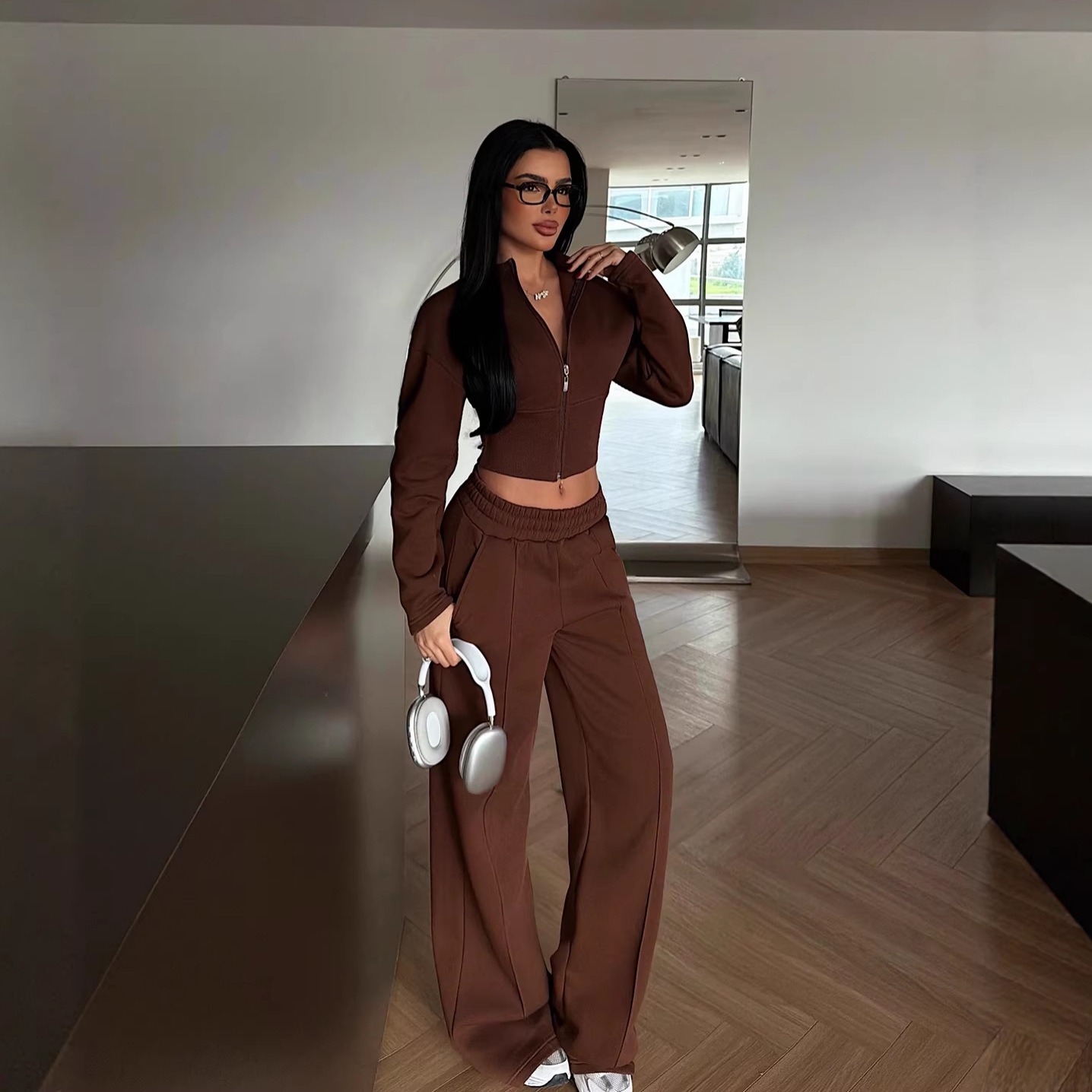 Zip-up Cardigan Jacket And Drawstring Pants Two-piece Set For Spring And Fall