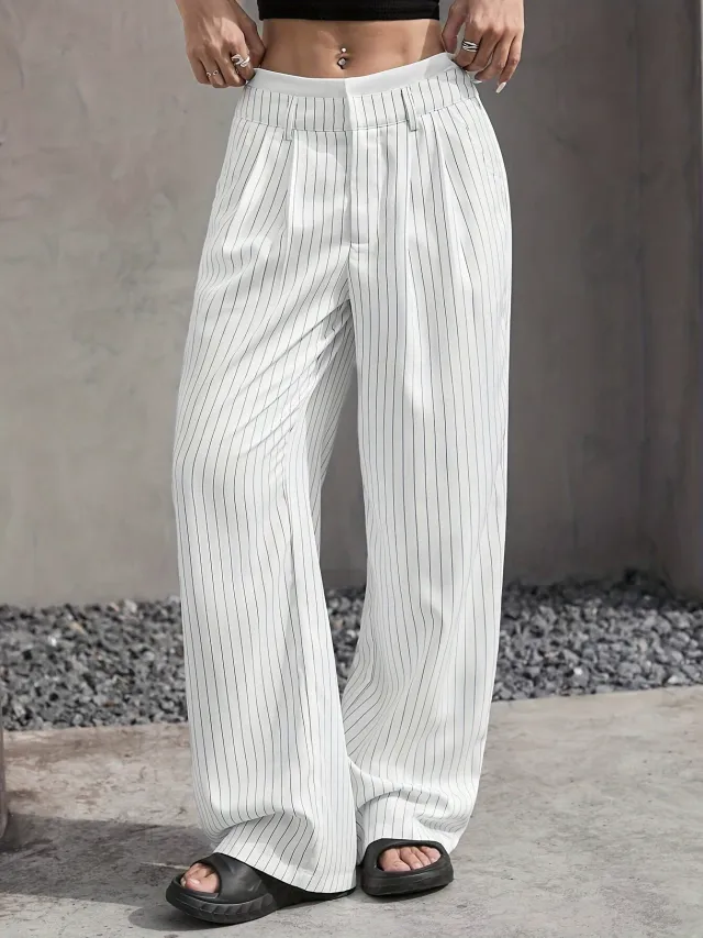 Stripe Printed Trousers Fashion High Waist Straight Leg Pants With Pocket Zipper Casual Suit Pants For Women White - Shop at LoveMi