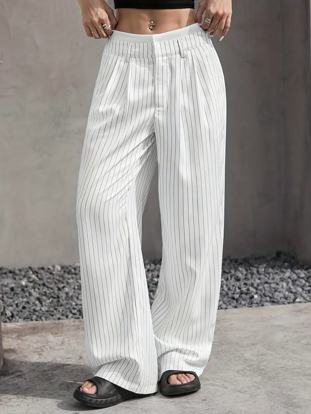 Stripe Printed Trousers Fashion High Waist Straight Leg Pants With Pocket Zipper Casual Suit Pants For Women - White