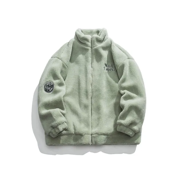 Casual Letter Embroidered Lamb Wool Coat Neutral Cotton padded Jacket Green - Shop at LoveMi