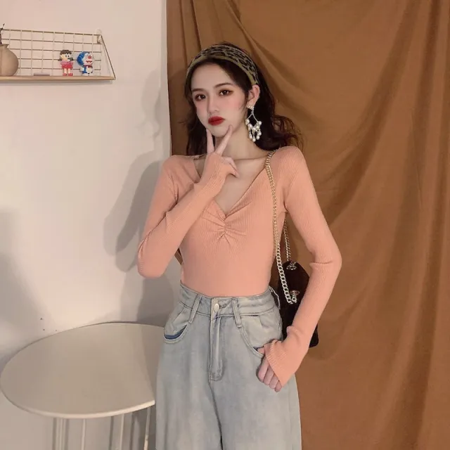 Pleated V neck Knitted Bottoming Shirt Long Sleeve Sweater Pink - Shop at LoveMi