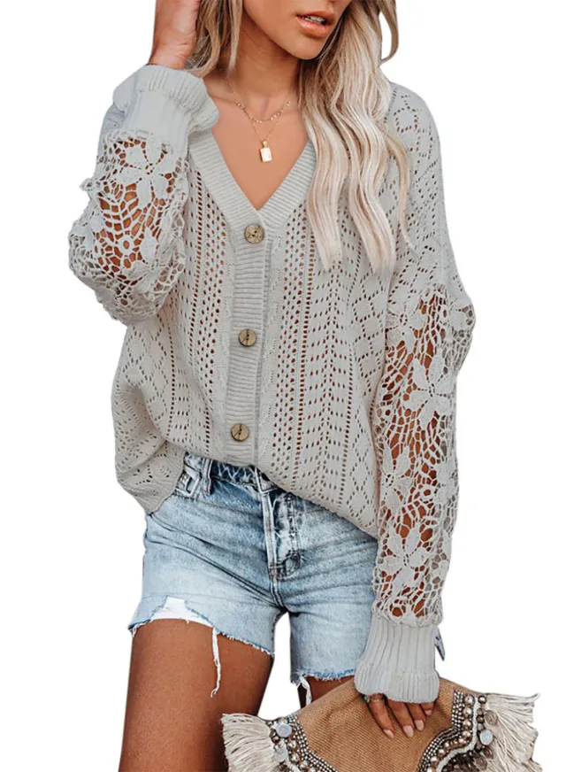 Cross border Casual Pure Color All matching Cardigan Hollow Lace Long Sleeve V neck Sweater Top Women Light Gray - Shop at LoveMi