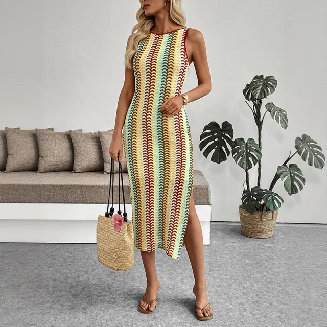 Color Striped Crocheted Round Neck Vest Sleeveless Dress Khaki - Shop at LoveMi