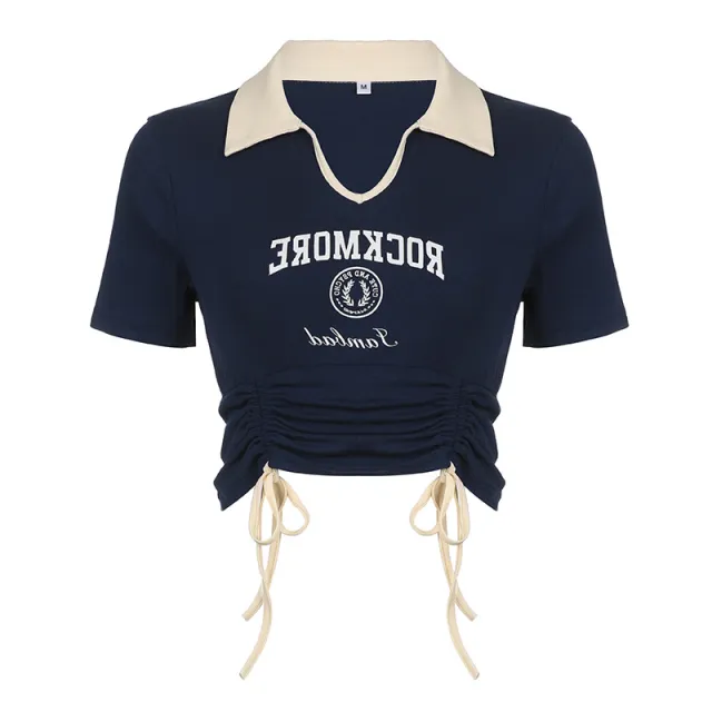 Contrast Color Drawstring Thin Print T shirt Blue - Shop at LoveMi