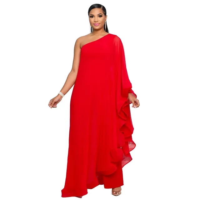 Multi color One shoulder Sleeveless Stitching Stretch Jumpsuit Red - Shop at LoveMi