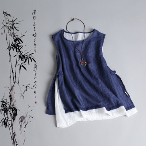 Women's Thin Double layer Cotton And Linen Vest With Buckle Navy Blue - Shop at LoveMi