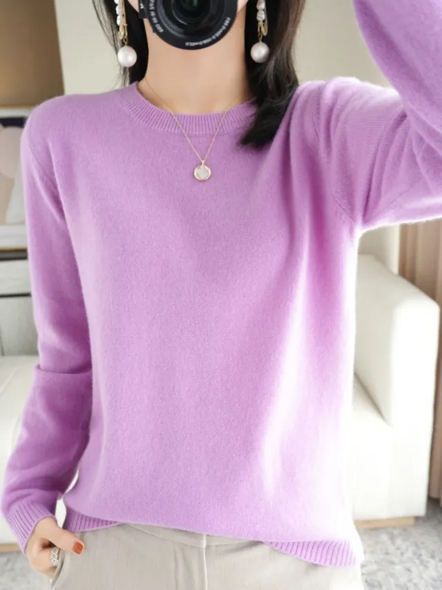 Slim Fit Solid Color Round Neck Base Pullover Sweater Purple - Shop at LoveMi