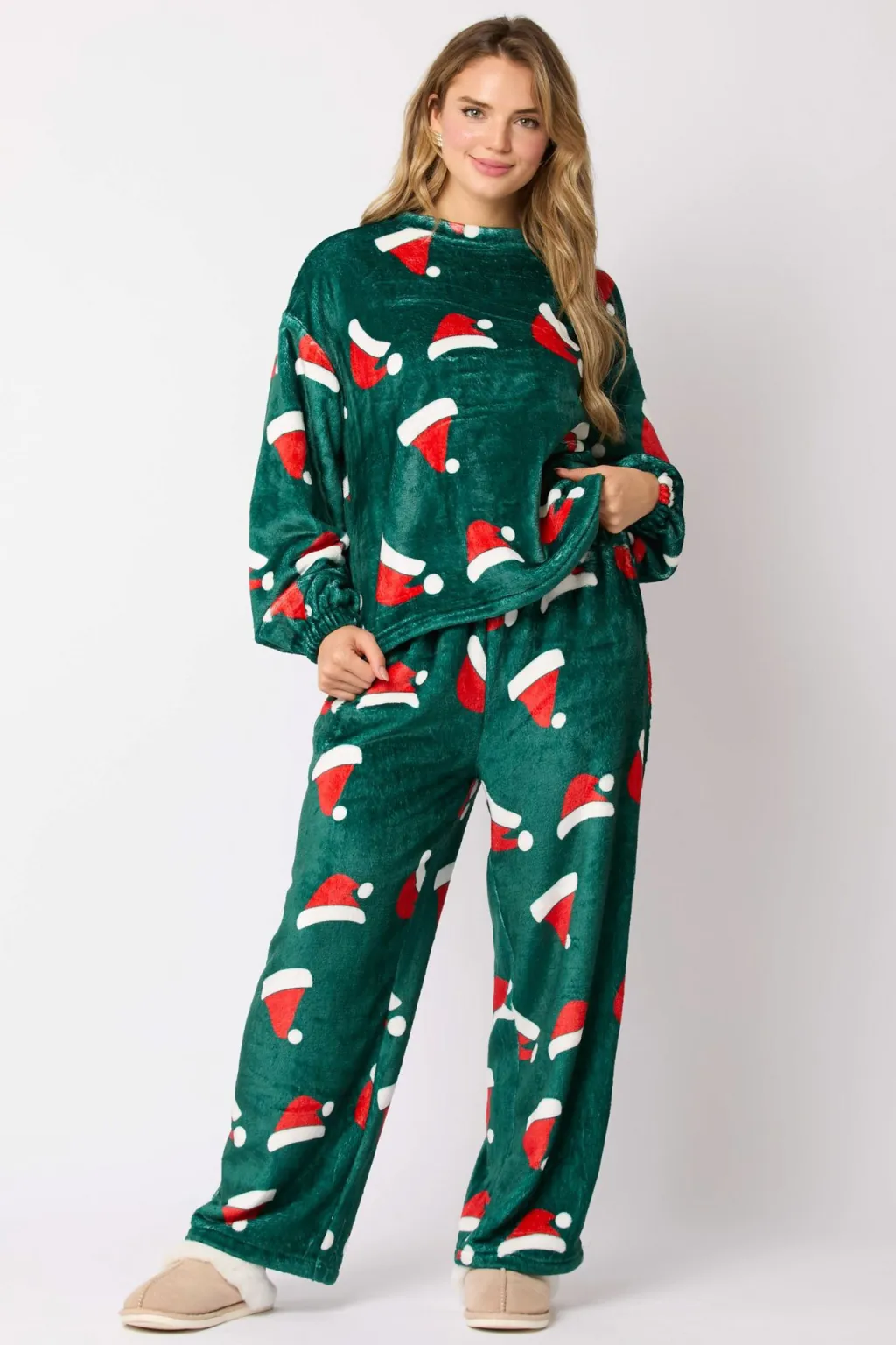 Casual Flannel Pajama Sets For Women Cute Long Sleeve Matching Lounge Shirts Sets Santa Claus Pajamas Homewear - Green