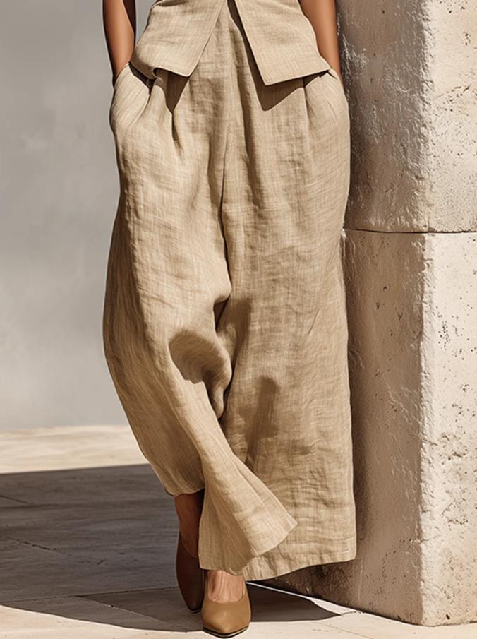 Women's linen tank top and long pants set in khaki – relaxed casual two-piece