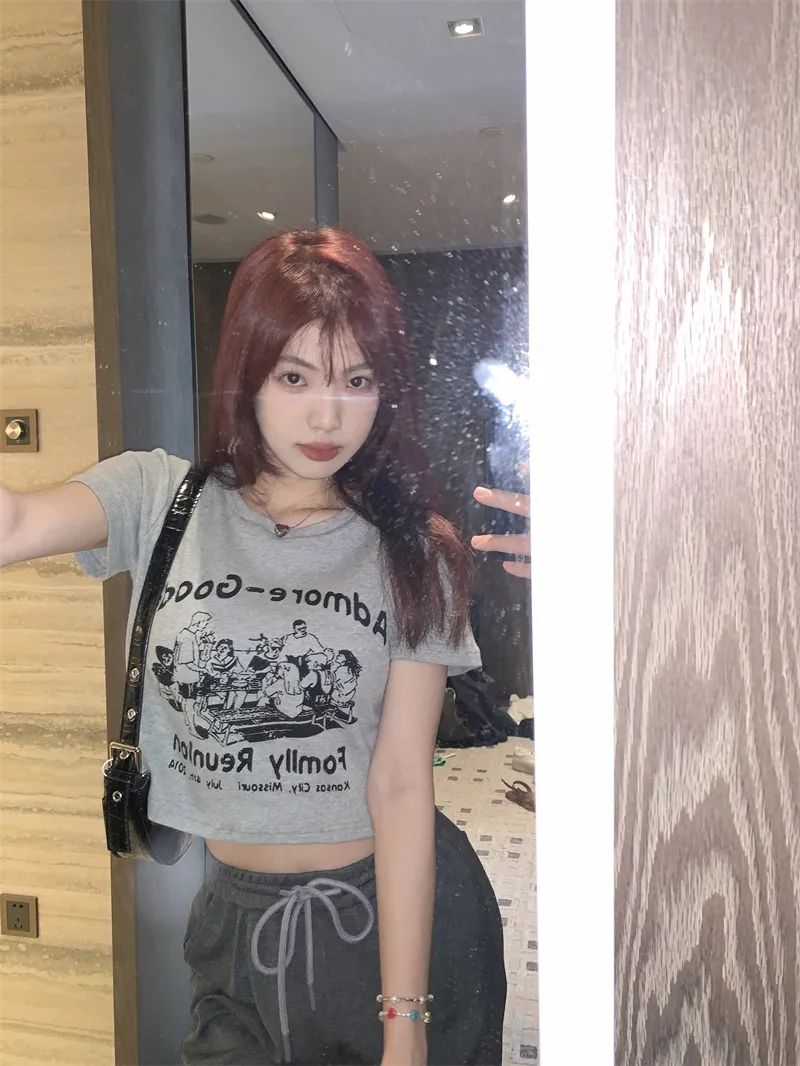 American-style Retro Cartoon-print Drop-shoulder Short-sleeve T-shirt - Gray