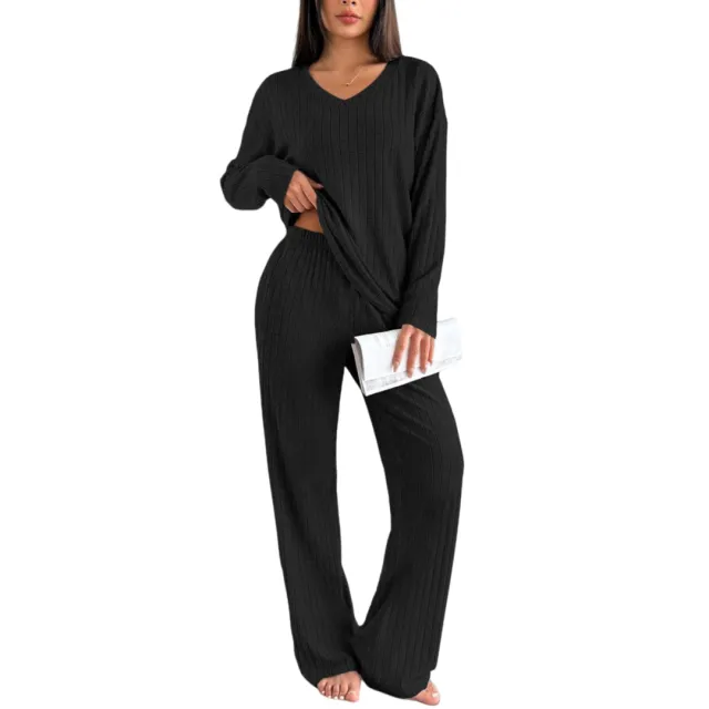 Autumn And Winter Suit Sunken Stripe Brushed Comfortable Loose Pajamas Ladies' Homewear Two Pieces Black - Shop at LoveMi