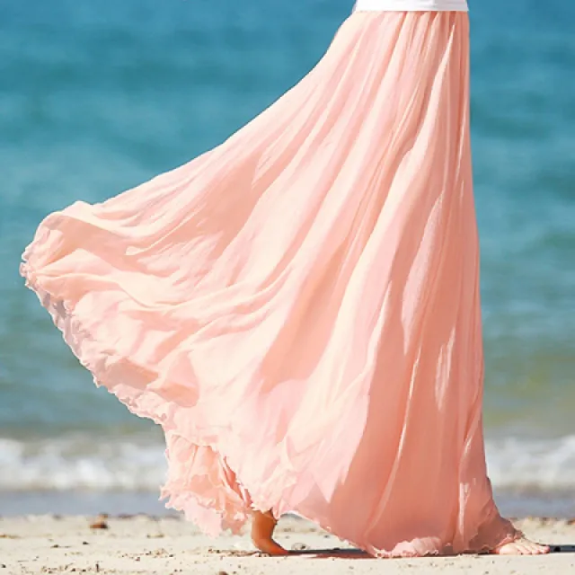Gold Silk Chiffon Mop Large Swing Dress Elegant Beach Dress Nude Pink - Shop at LoveMi