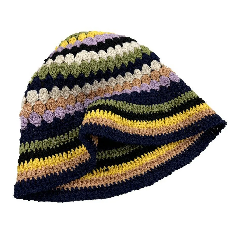 Japanese-style Retro Hollow Flower Handmade Knitted Bucket Hat Women - Rainbow Navy Blue