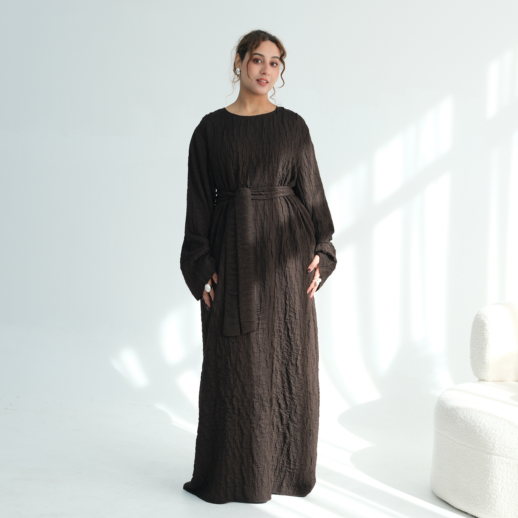 Womens Textured Dress With A Belt, Long Robe Style