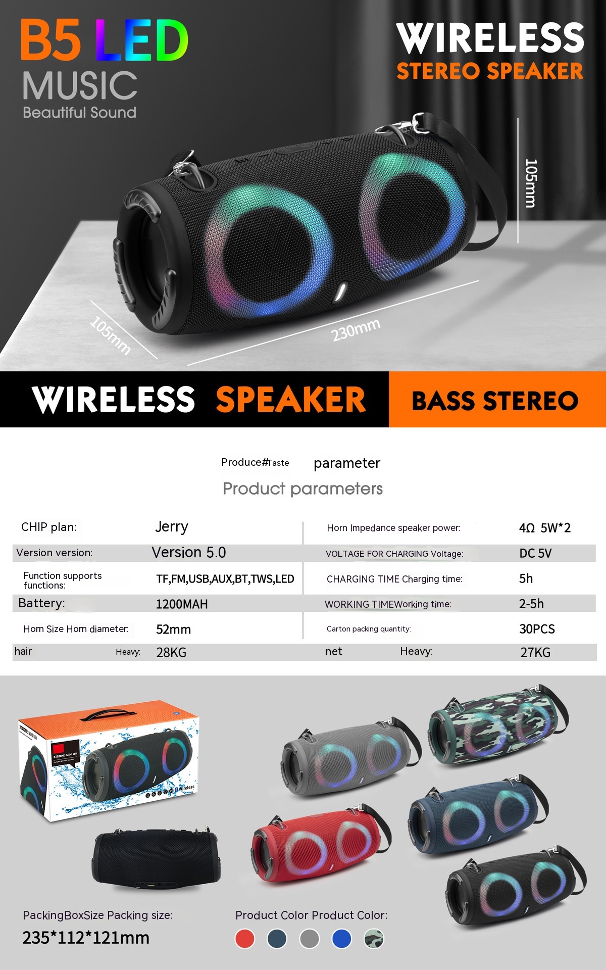 War Drum Three-generation Bluetooth Speaker With RGB Colored Lights Outdoor Portable Waterproof - Image 8