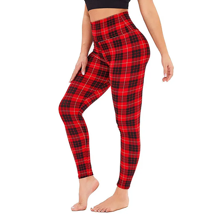 High Waist Leggings Women's Yoga Slim Waist - Red And Black Plaid Stripe