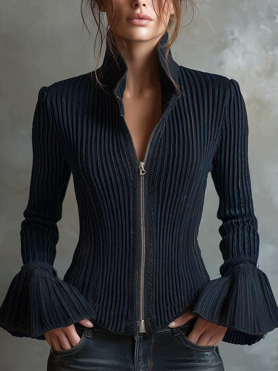 Women's rib-knit zip-up top in wine red – color option detail