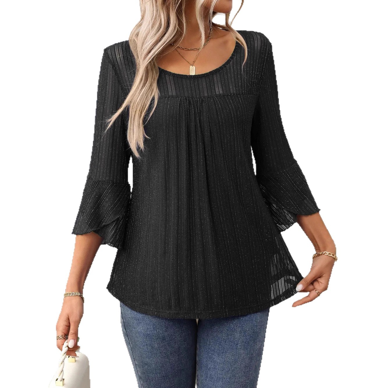 Cross-Border Black Elegant Loose Top With See-Through Long Sleeves And A Round Neck