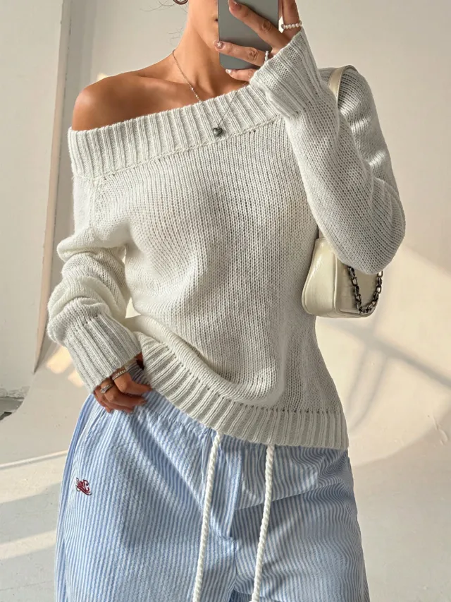 Head Sloping Exposed Shoulder Women's Autumnwinter Knit Casual White - Shop at LoveMi