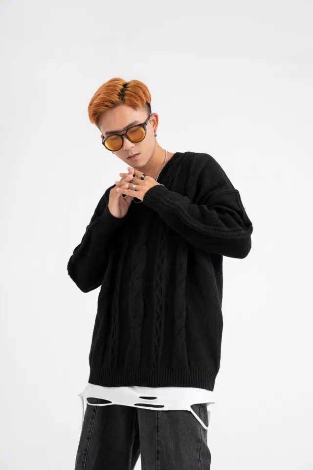 American Twist Knitted Loose Casual Round Neck Vintage Sweater Black - Shop at LoveMi