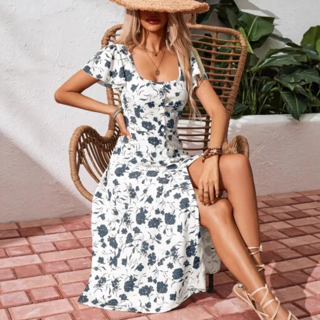 European And American Square Collar Button Bohemian Dress Blue - Shop at LoveMi