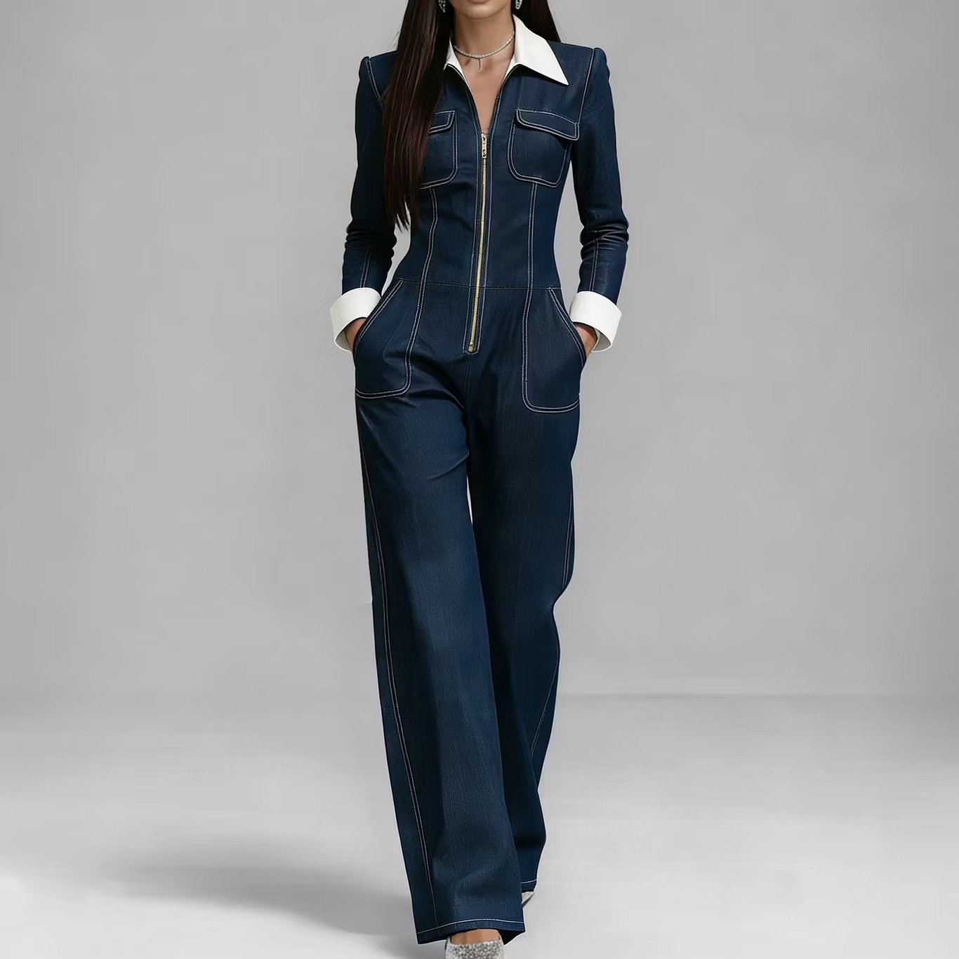 Denim Lapel-collar Long-sleeve Pocketed Jumpsuit