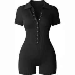 European And American Rib V-neck Elastic Waist-tightening Sports Women's Yoga Jumpsuit - Black - View 1
