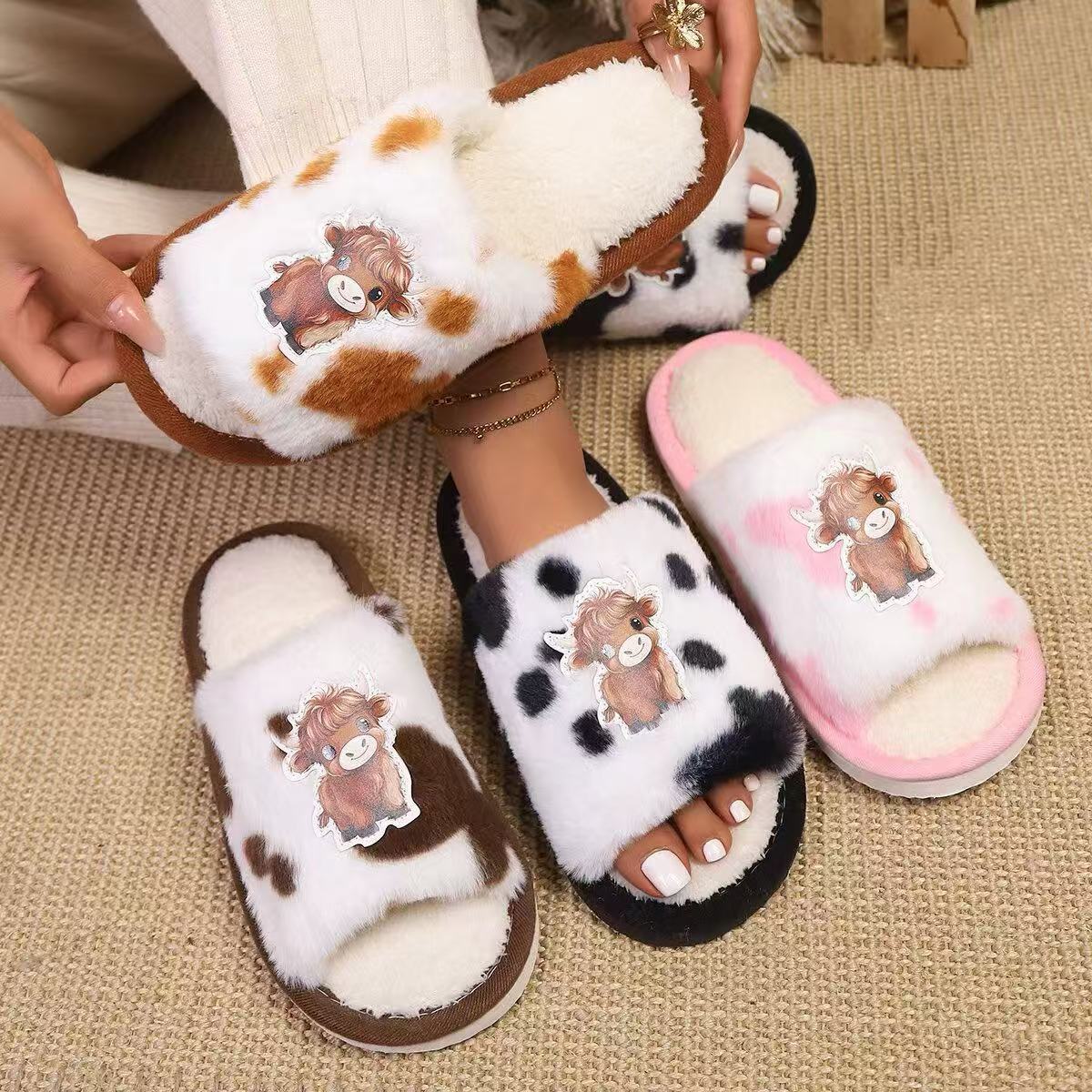 Open-toe Fuzzy Slippers For Women Suitable For Outdoor Wear In Fall And Winter