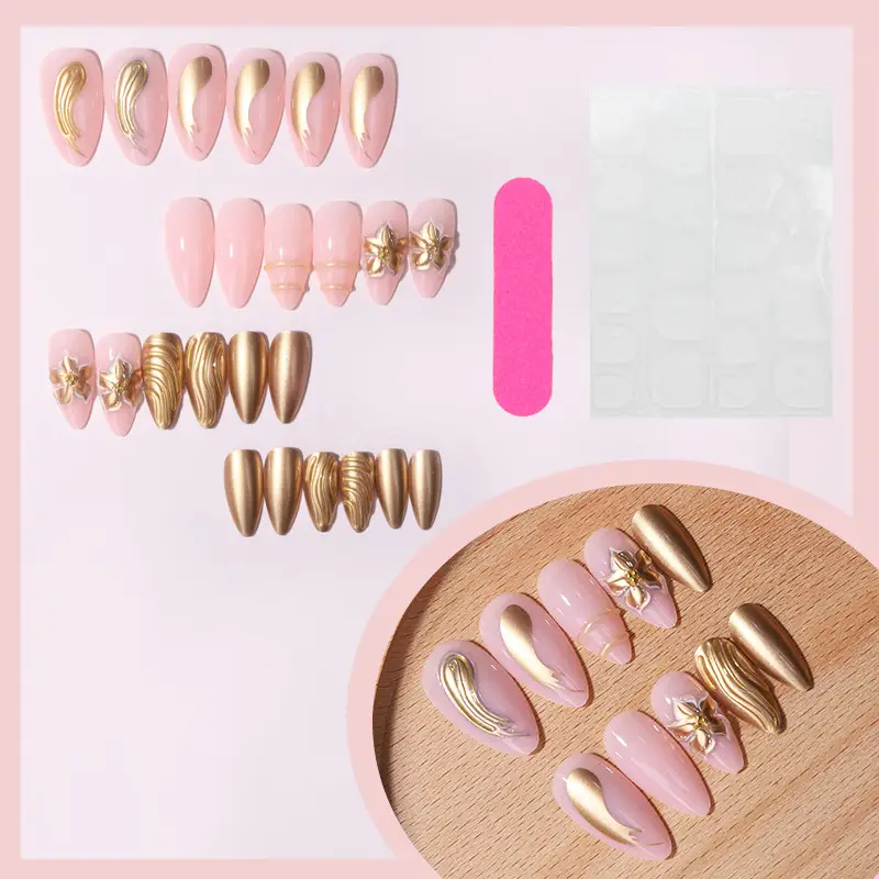 Wearable Nails 3D Sculpted Floral Design Gold Wave Almond Shape