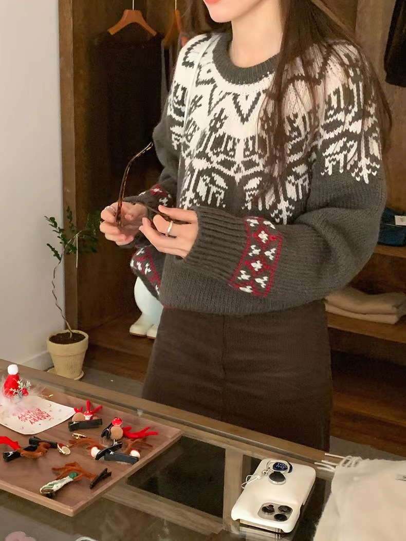 Korean Style Retro Gray Round-collar Sweater