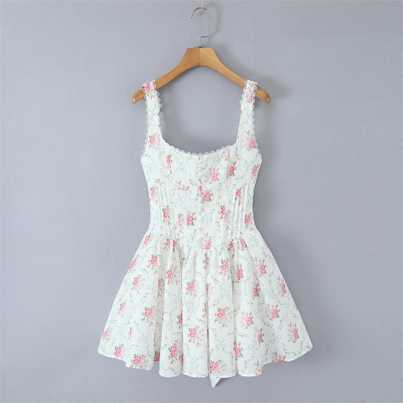 Rose Printed Lace Stitching Cotton Mini Dress