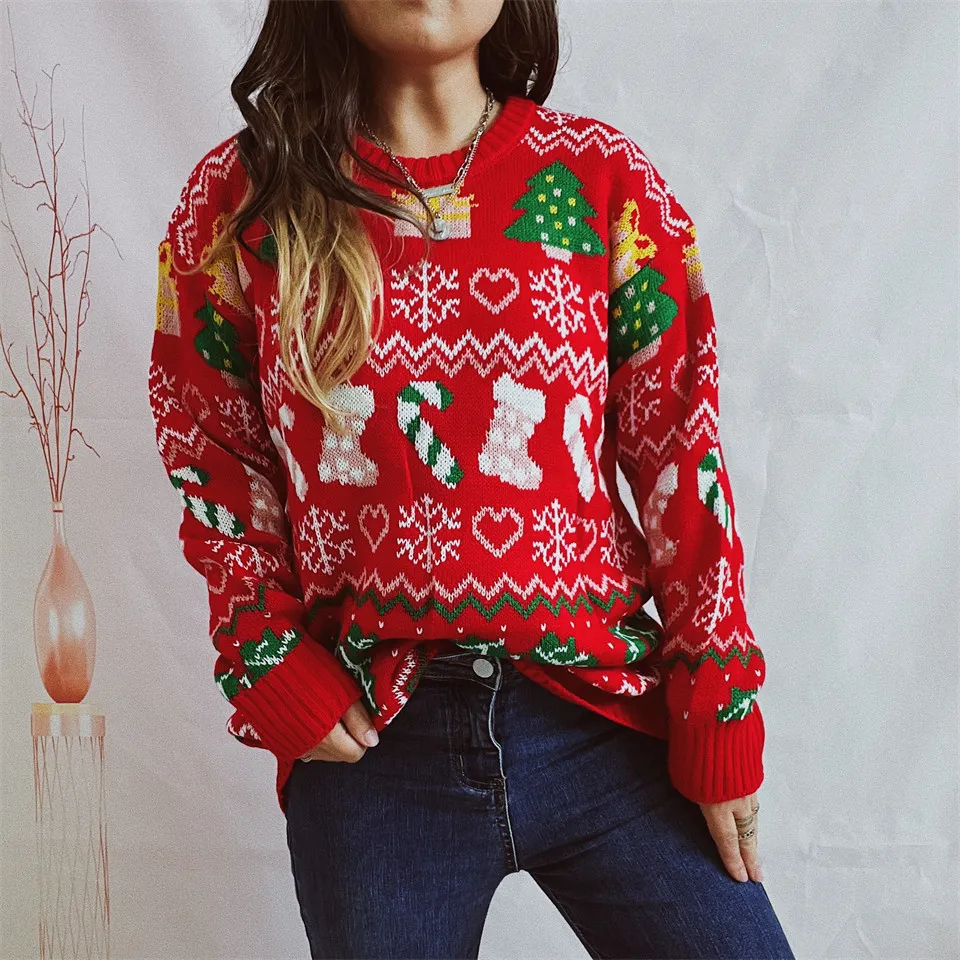 Women's Stylish Loose Round Neck Long-sleeved Sweater - Red