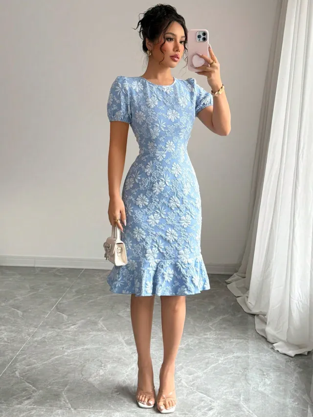 European And American Slim fit Fishtail Skirt Short Sleeve Sky Blue - Shop at LoveMi