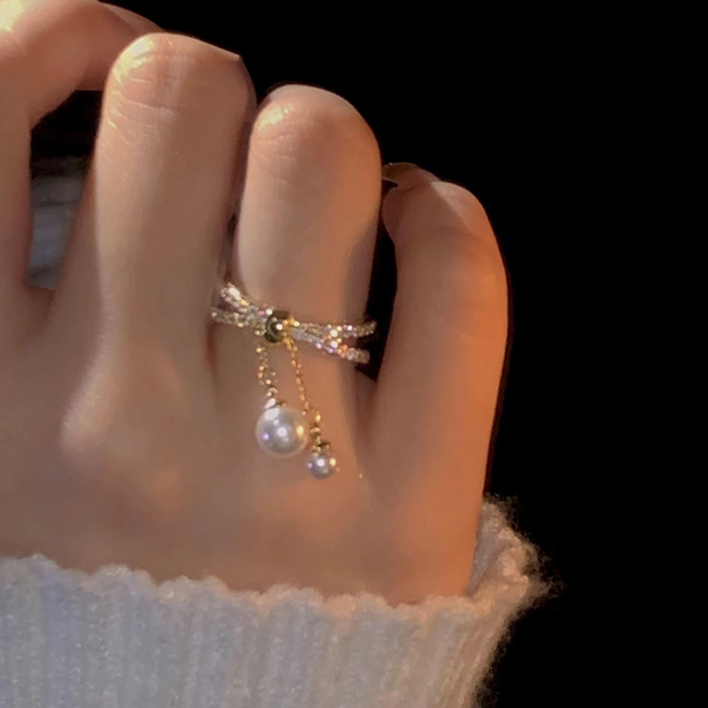 Electroplated Baroque Pearl Zircon Tassel Double-layer Ring
